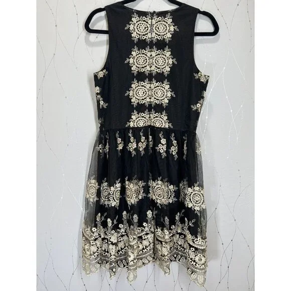 Immaculate BHLDN Black Gold Lace Flourish A-Line Dress $380 - Picture 5 of 11
